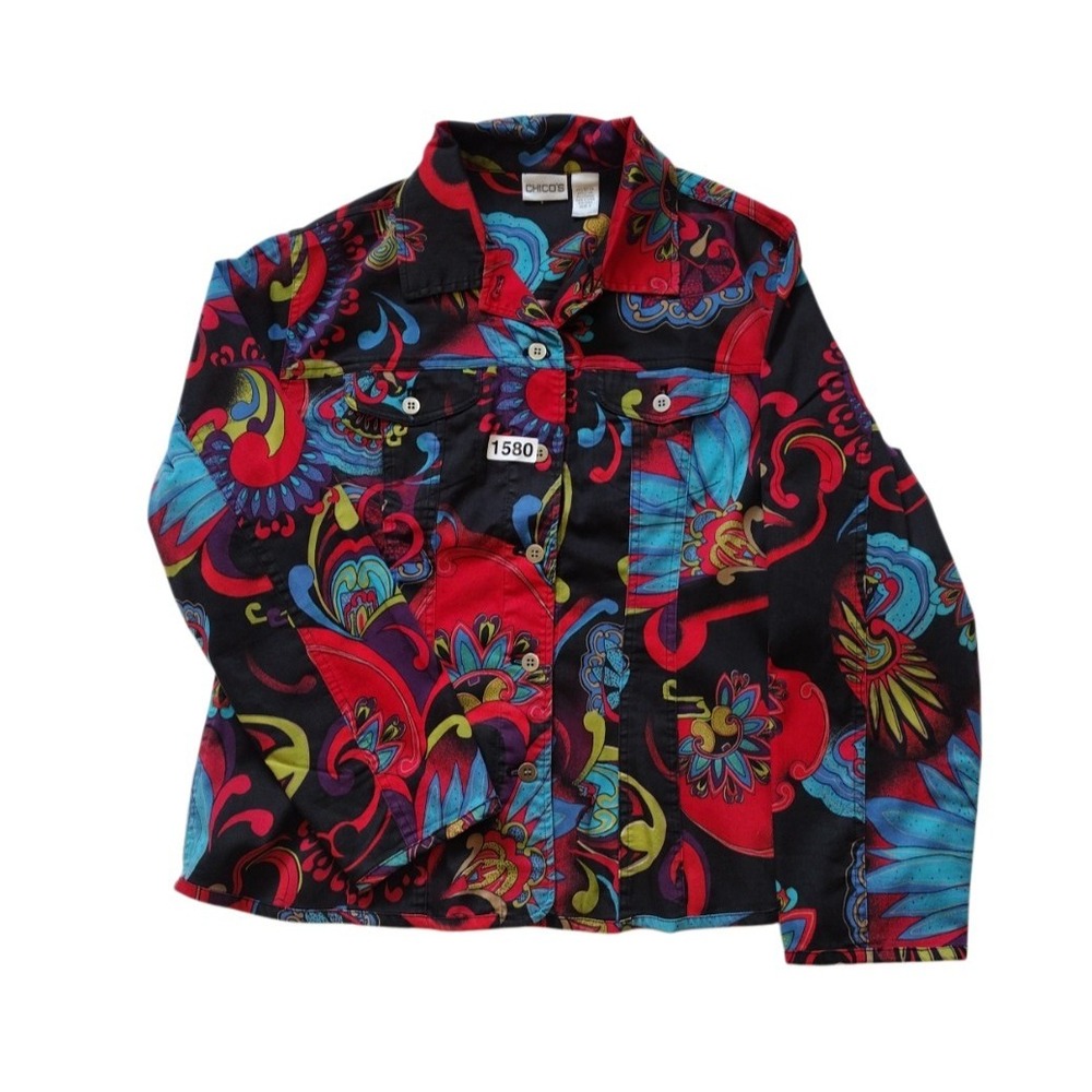 Chicos Jacket Shirt Womens 2 US Large Black Floral Long Sleeve Pasley Boho